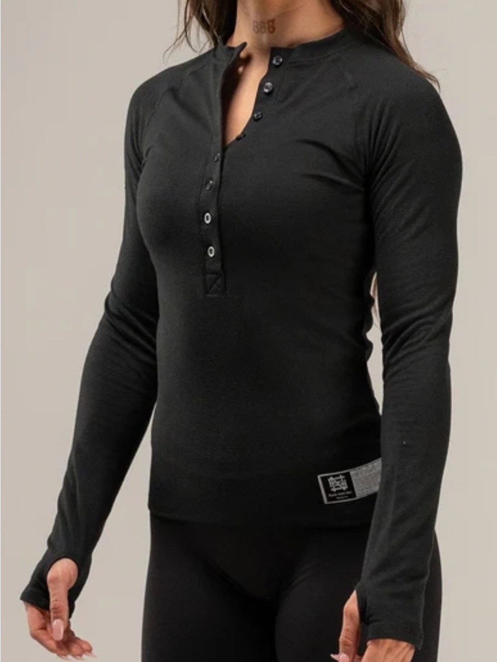 flag nor fail Black Henley Button-Front Thermal ribbed Top